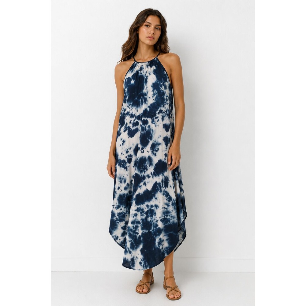 Olivia Rae Tie Dye Midi Dress XS Blue White Halter Swing Boho Beach Vacation